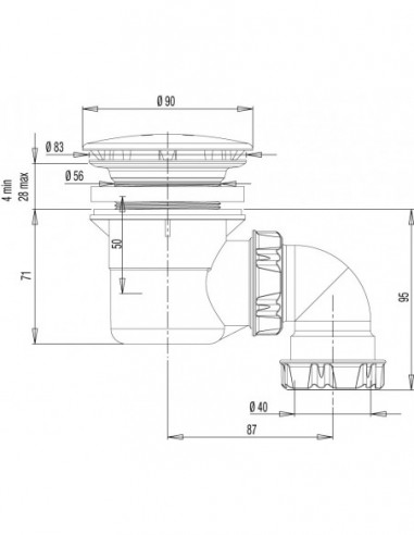 566200 005 00  Слив для душевого поддона Д. 60 мм, круглая металлическая крышка, разнонаправленный выход для винта или клея, NF, хромированный Valentin Хром  - Вид №2
