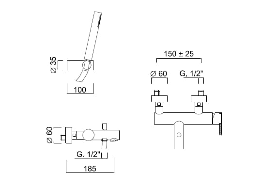 Однорычажный настенный смеситель для ванны с ручным душем Rubinetteria Giulini Surf Deluxe ARCH-00072331 - Вид №2