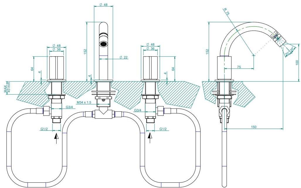 ZAZZERI Смеситель для биде, столешница из нержавеющей стали, на 3 отверстия Z316 sun-id-1425721 - Вид №1