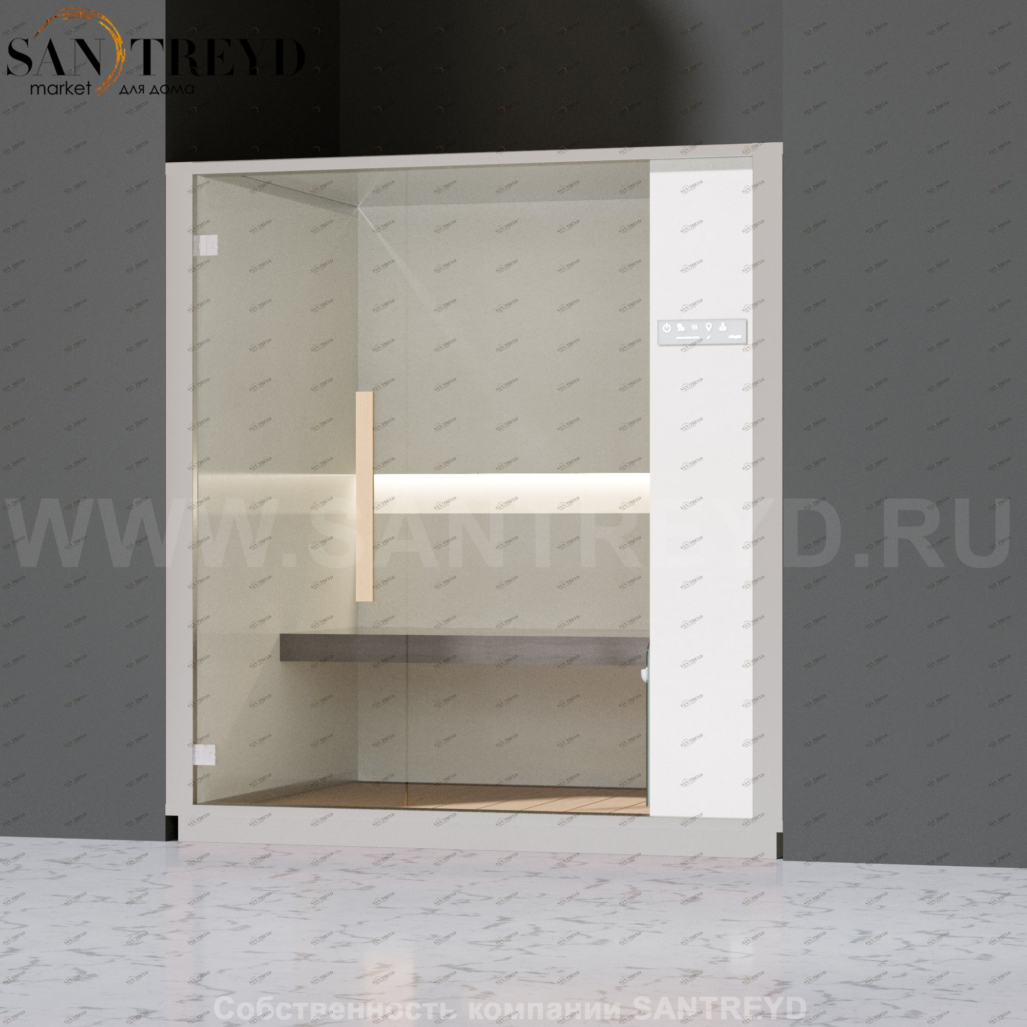 Effegibi ONE H LO60020009 Хаммам. Установка: в нишу. Правая дверь. Мощность: 4,5 кВт макс. Размеры: длина 214 см, ширина 171 см. Отделка: матовый лакированный белый аллюминий и серый ламинат из керамогранита.