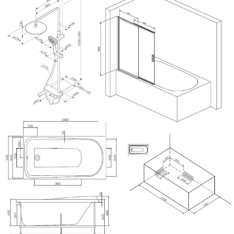 W80ASET-150SL Ванна 150x70 с каркасом и шторкой на б/в W80S-100PS-150MT + ДС F0780700 AM.PM Like - Вид №6