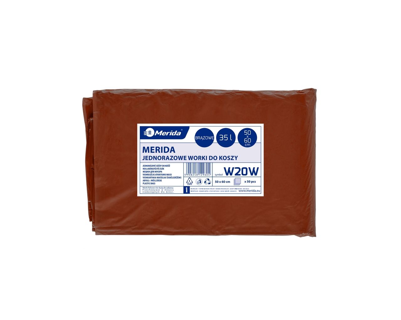 WKW101 Одноразовые мешки для мусора, 50 x 60 см, вместимость 35 л, 50 шт. в упаковке, КОРИЧНЕВЫЕ, LDPE Merida 