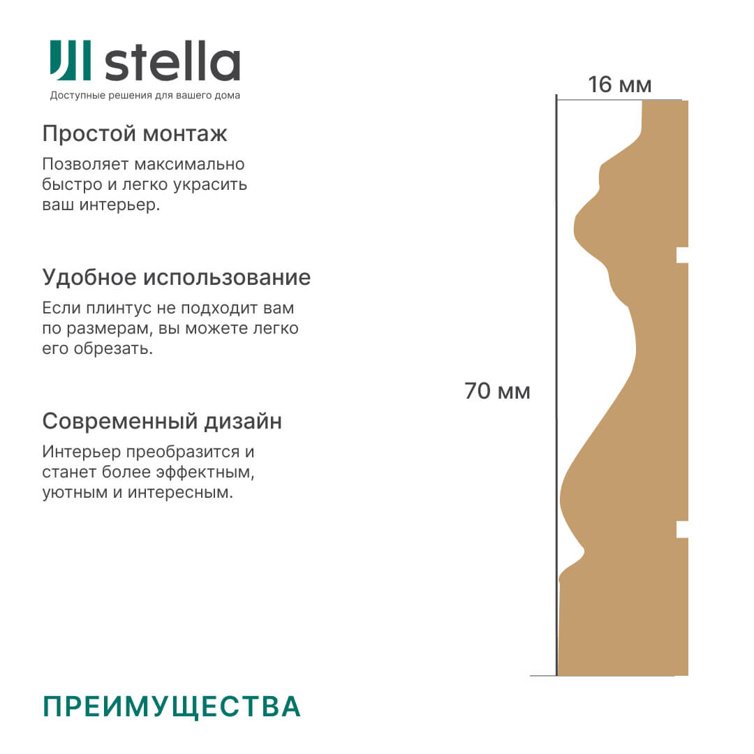 Наличник МДФ Stella Белый 70R 2200*70*16мм (упак. 5шт) Standart STSR-938 - Вид №1