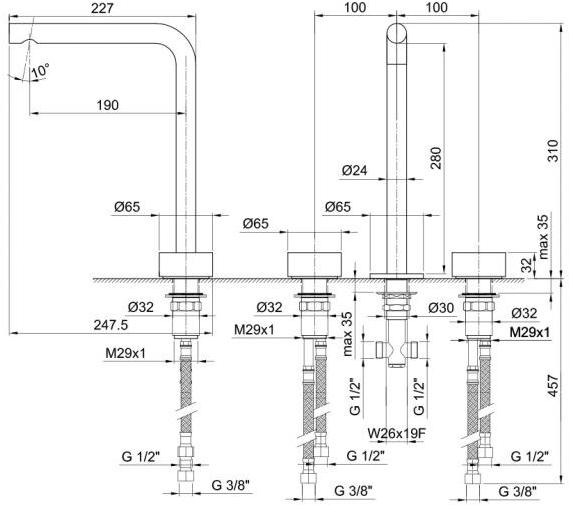 ABOUTWATER Смеситель для раковины на 3 отверстия Af/21 Fantini Rubinetti sun-id-1417868 - Вид №7