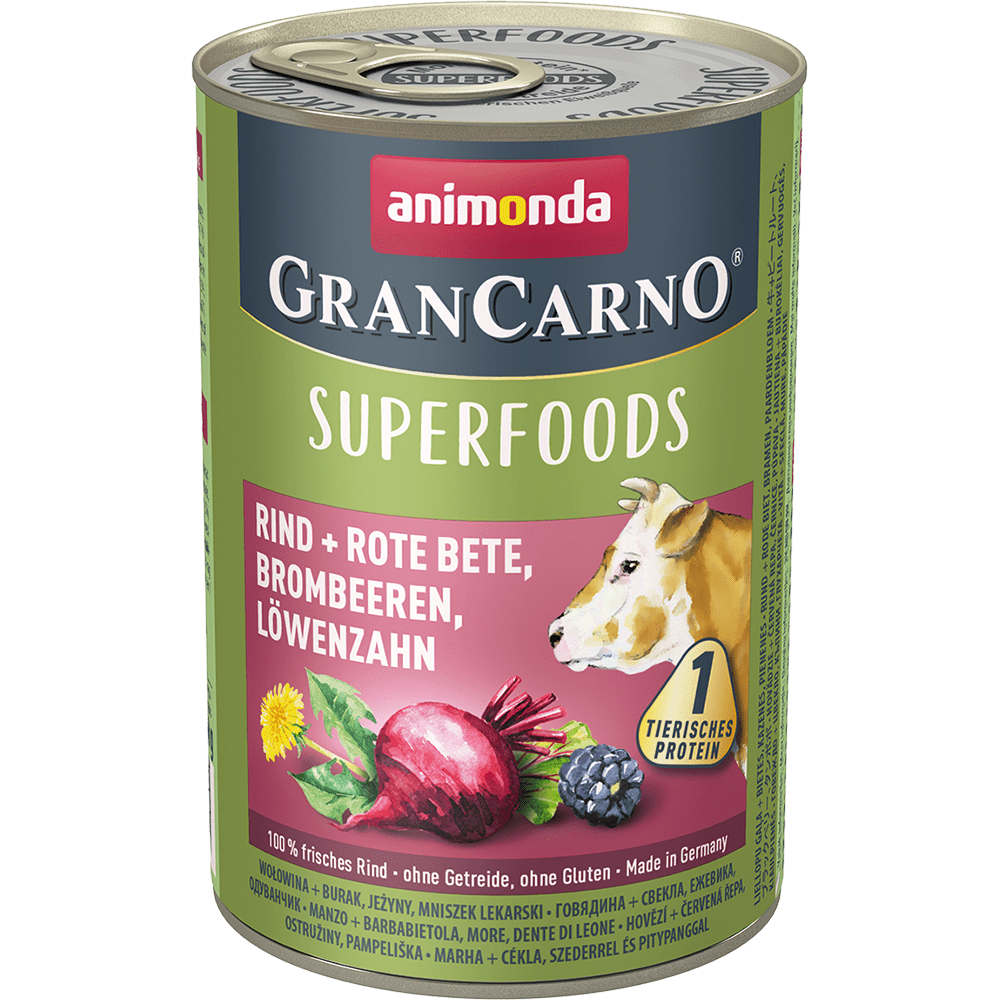 ПР0058884 Корм для собак Gran Carno Superfoods говядина, свекла, ежевика, одуванчик банка 400г Animonda 