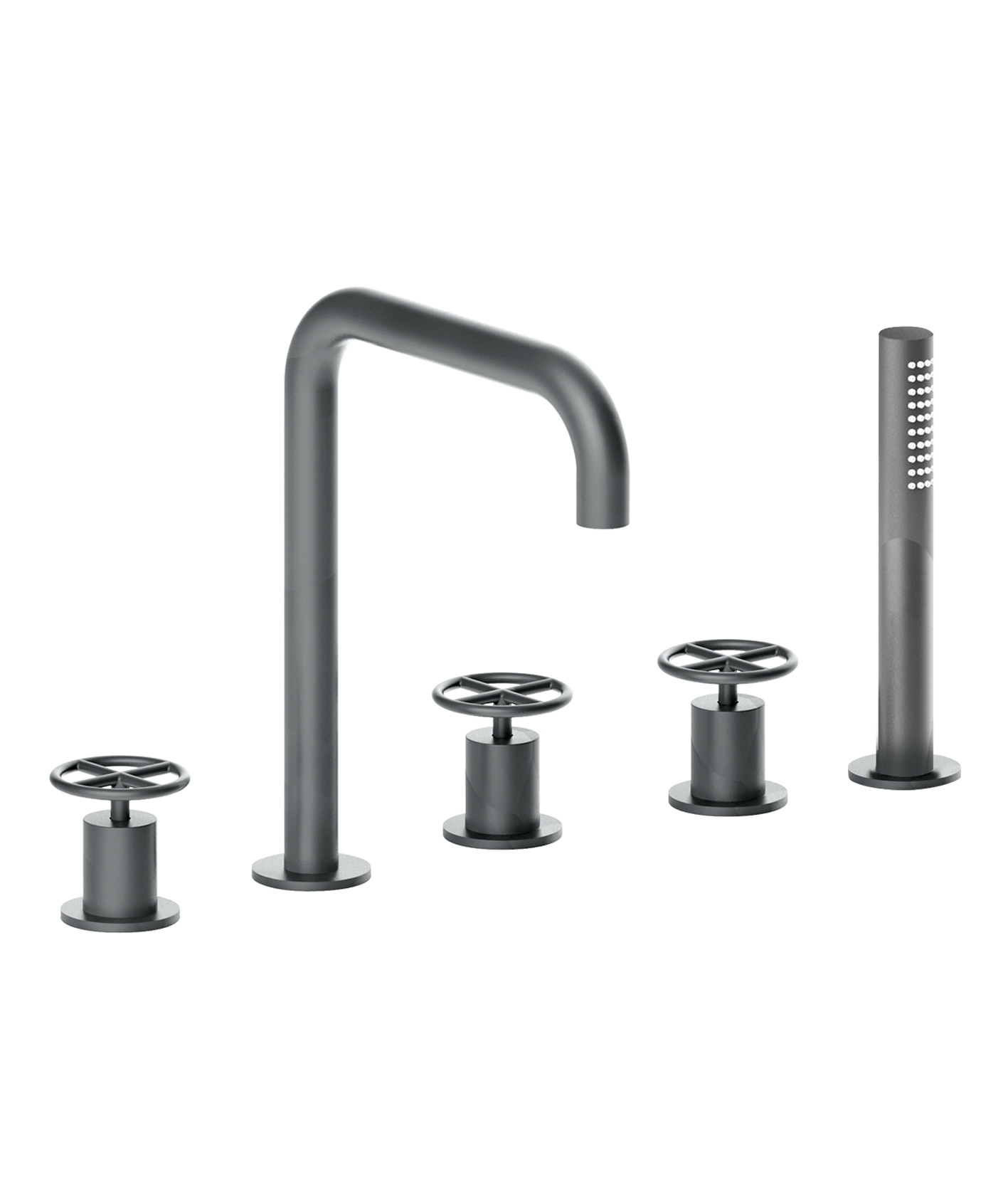 P065  Набортный смеситель для ваннывылет 18,2 см ручки на 5 отверстий ручка открывания/закрывания, регулирующая поток и температуру ручная лейка FIT гибкий шланг 150 см картридж керамический 90° впуски 1/2'' подводка Fantini Rubinetti FONTANE BIANCHE 