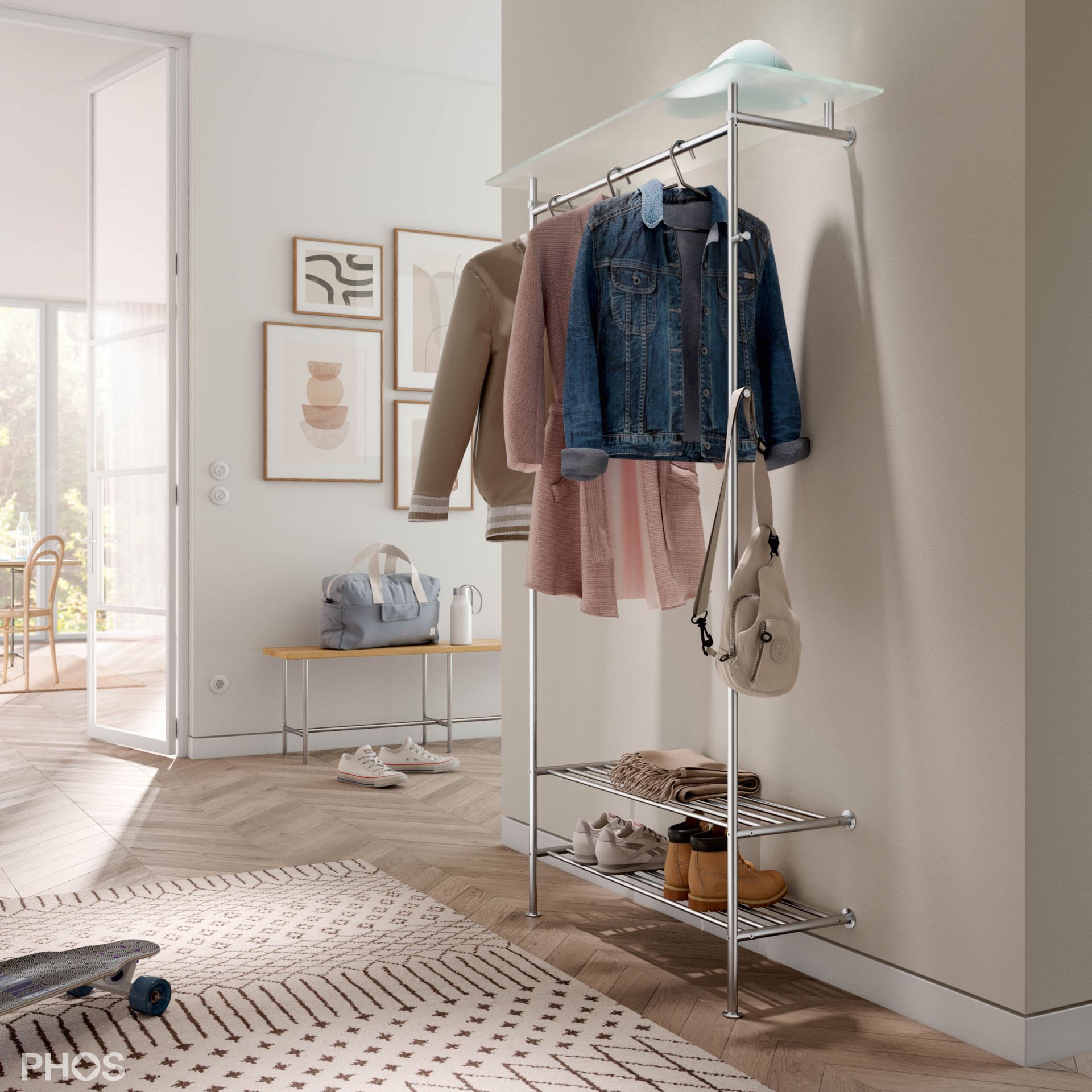 GL2G-SR600 Шкаф для прихожей со стеклянной полкой и двухуровневыми полками для обуви PHOS 