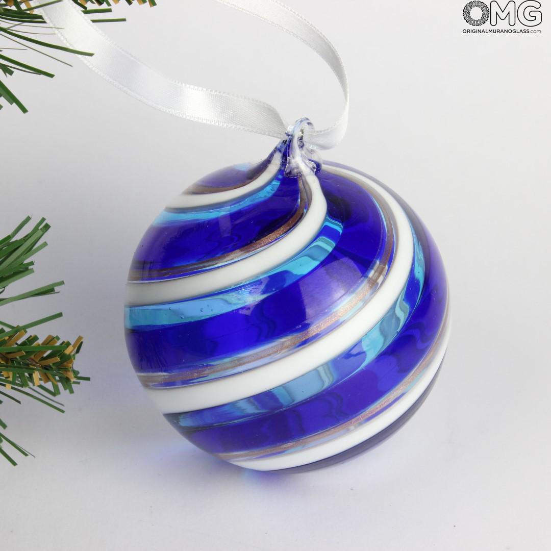 2628 ORIGINALMURANOGLASS Ёлочный шар Fantasy - синяя спираль - MURANO GLASS XMAS 8 см  - Вид №1