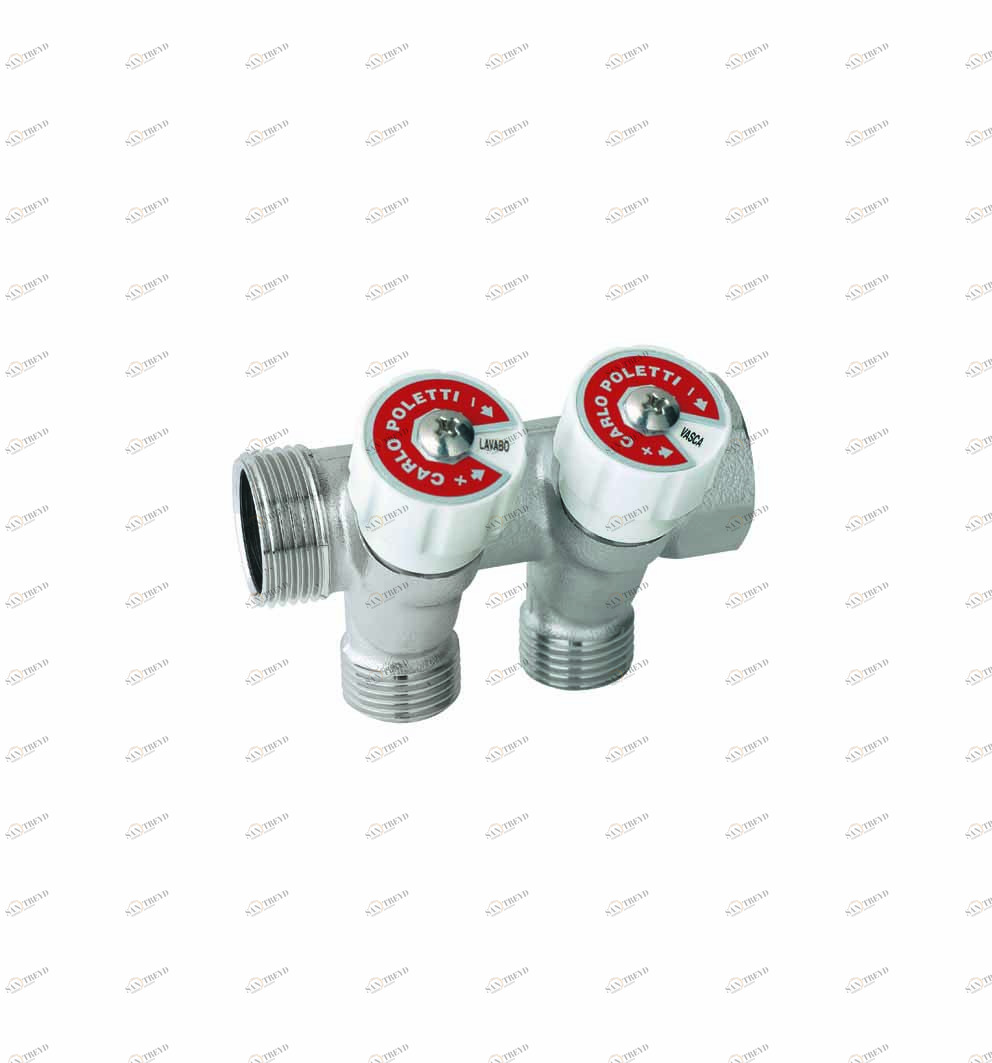 Carlo Poletti C52201TBI35 Коллектор сборный, с регулировочным клапаном. Ручка белая с идентификационными пластинками красный/синий. 2 ответвления, межосевое расстояние 35 мм 