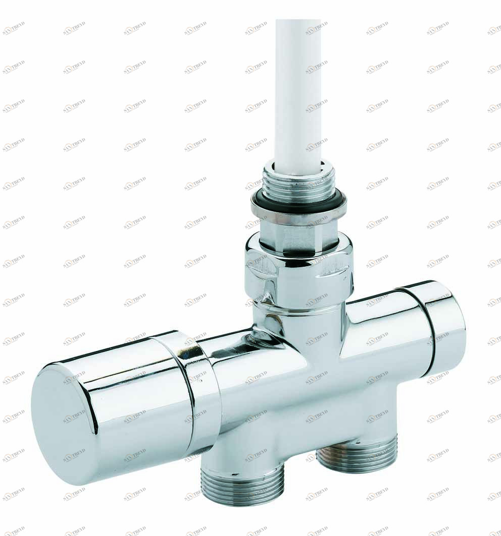 Carlo Poletti V81711I Клапан термостатический, одно/двухтрубный с by-pass и держателем, центральное подсоединение. Версия угловая с подключением медной или пластиковой трубы. Межосевое расстояние 40-50 мм 