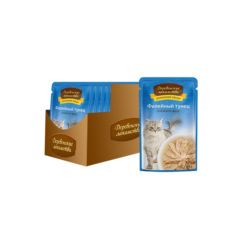 ПР0046894*12 Корм для кошек Филейный тунец в нежном желе пауч 70г (упаковка - 12 шт) ДЕРЕВЕНСКИЕ ЛАКОМСТВА 