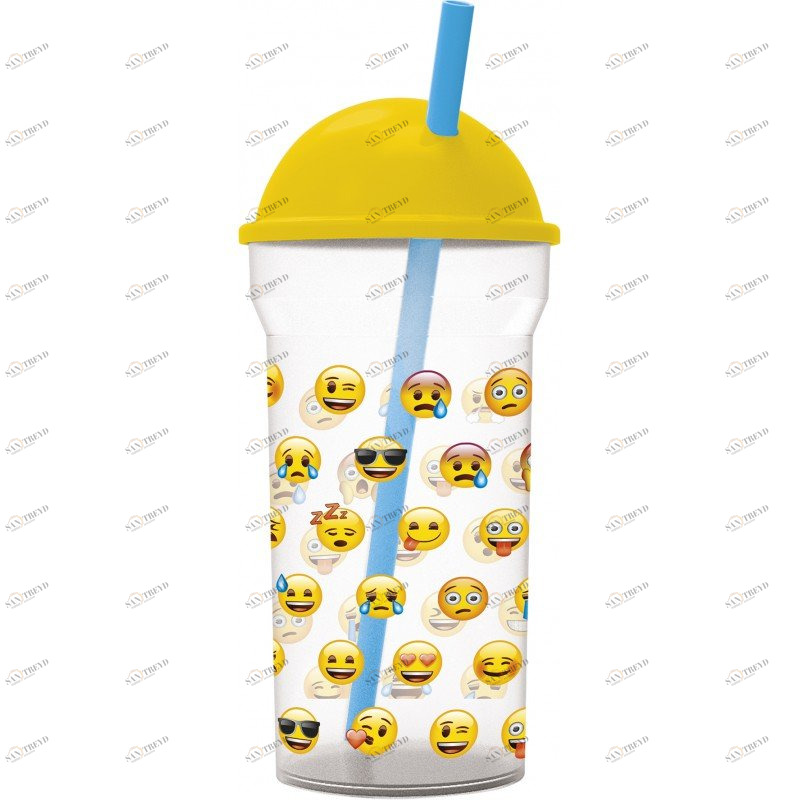 Стакан пластиковый прозрачный с соломинкой и крышкой-полусферой "Эмодзи. Лица", 460 мл STOR ЭМОДЗИ 335975 Желтый Santreyd 