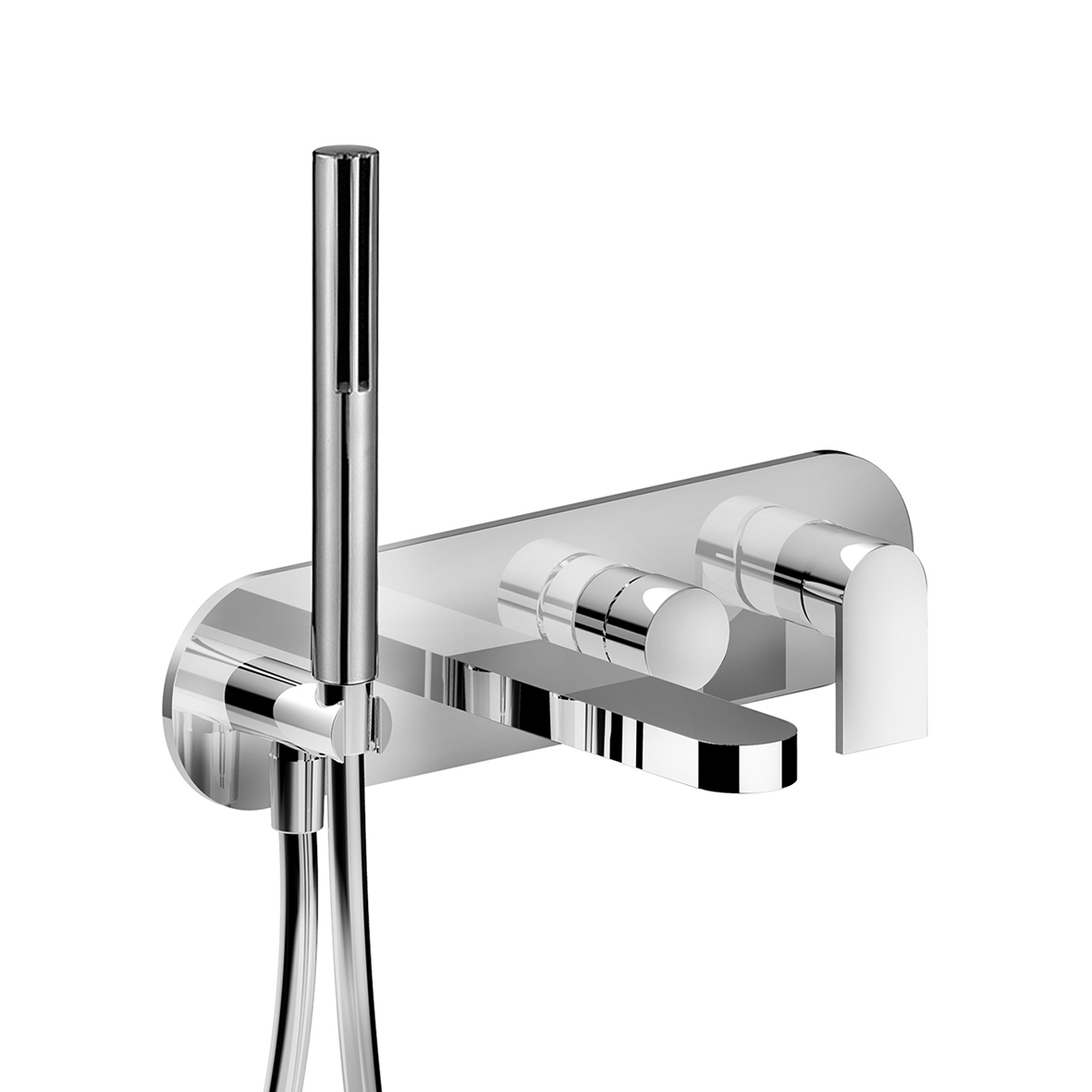 V020B+R021A  Встраиваемый смеситель для ваннывылет 15 см ручка переключатель на 2 потока с поворотной кнопкой ручная лейка SUN шланговое подсоединение с держателем для ручной лейки гибкий шланг 150 см ПВХ впуски 1/2'' Fantini Rubinetti MARE