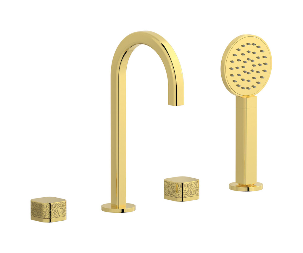 Смеситель на бортик ванной на 4 отверстий с дивертером и душевым гарнитуром. WE ARE IB eo396oo_2 Gold Elio