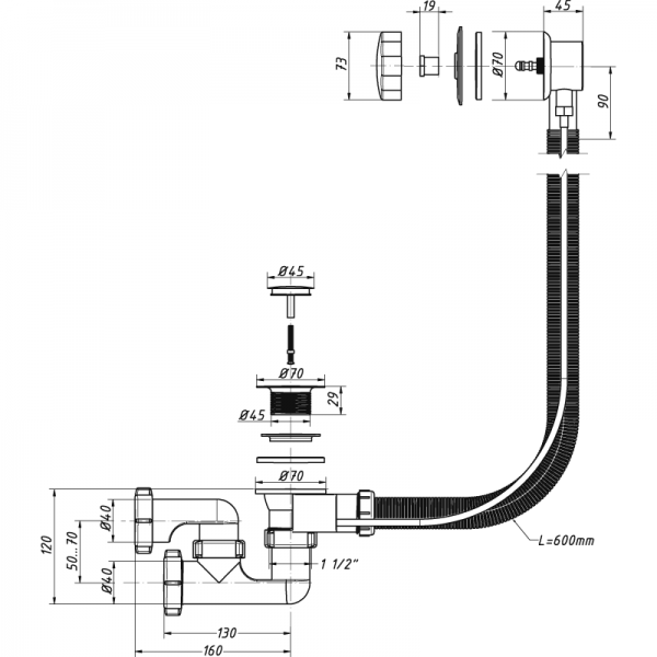 Сифон для ванны 1 1/2 40 регулир., п/а, с переливом А-2708 (О) А-2708 ОРИО 151680 - Вид №1