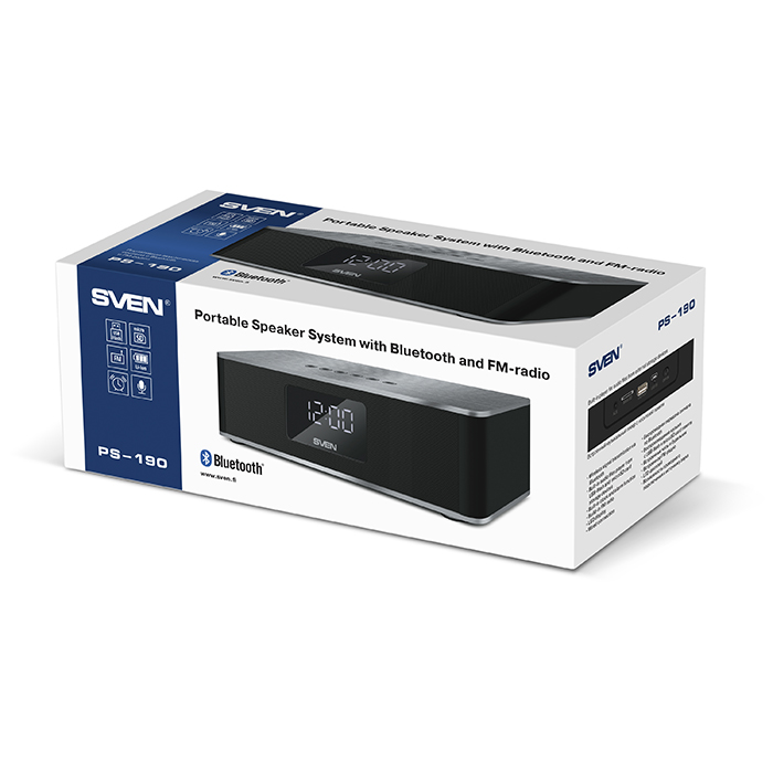 SV-015909 ps-190, черный-серебро, акустическая система 2.0, мощность 2x5 вт (rms), bluetooth, fm, usb, microsd, led-дисплей, часы, будильник, встроенный аккумулятор) Sven Santreyd  - Вид №7