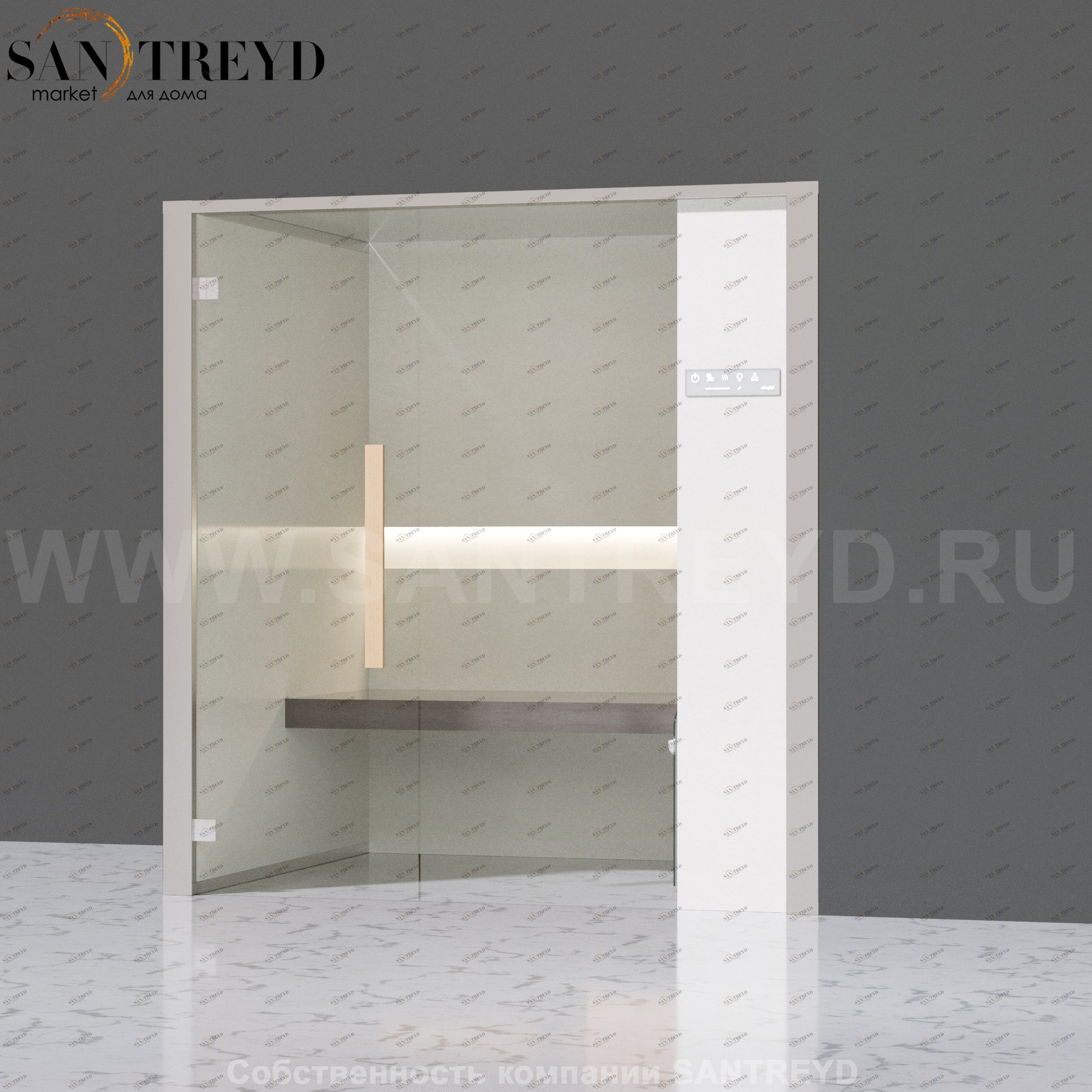 Effegibi ONEFILO H LO61020007 Хаммам. Установка: в правый угол. Правая дверь. Мощность: 4,5 кВт макс. Размеры: длина 214 см, ширина 171 см. Отделка: матовый лакированный белый аллюминий и серый ламинат из керамогранита.