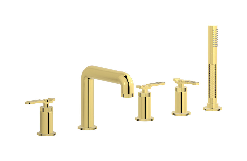 Смеситель на бортик ванной на 5 отверстий с дивертером и душевым гарнитуром. WE ARE IB b2396oo Gold Bold