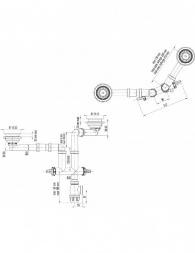 396200 000 00  Комплектное оборудование Elipso для мойки 2 раковины Д. 90 мм, регулируемое, выходное Д. 40 мм, встроенные прокладки Valentin Хром  - Вид №2