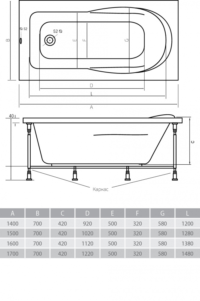 Акриловая ванна ALPEN Karmenta 170 AVP0004 - Вид №1