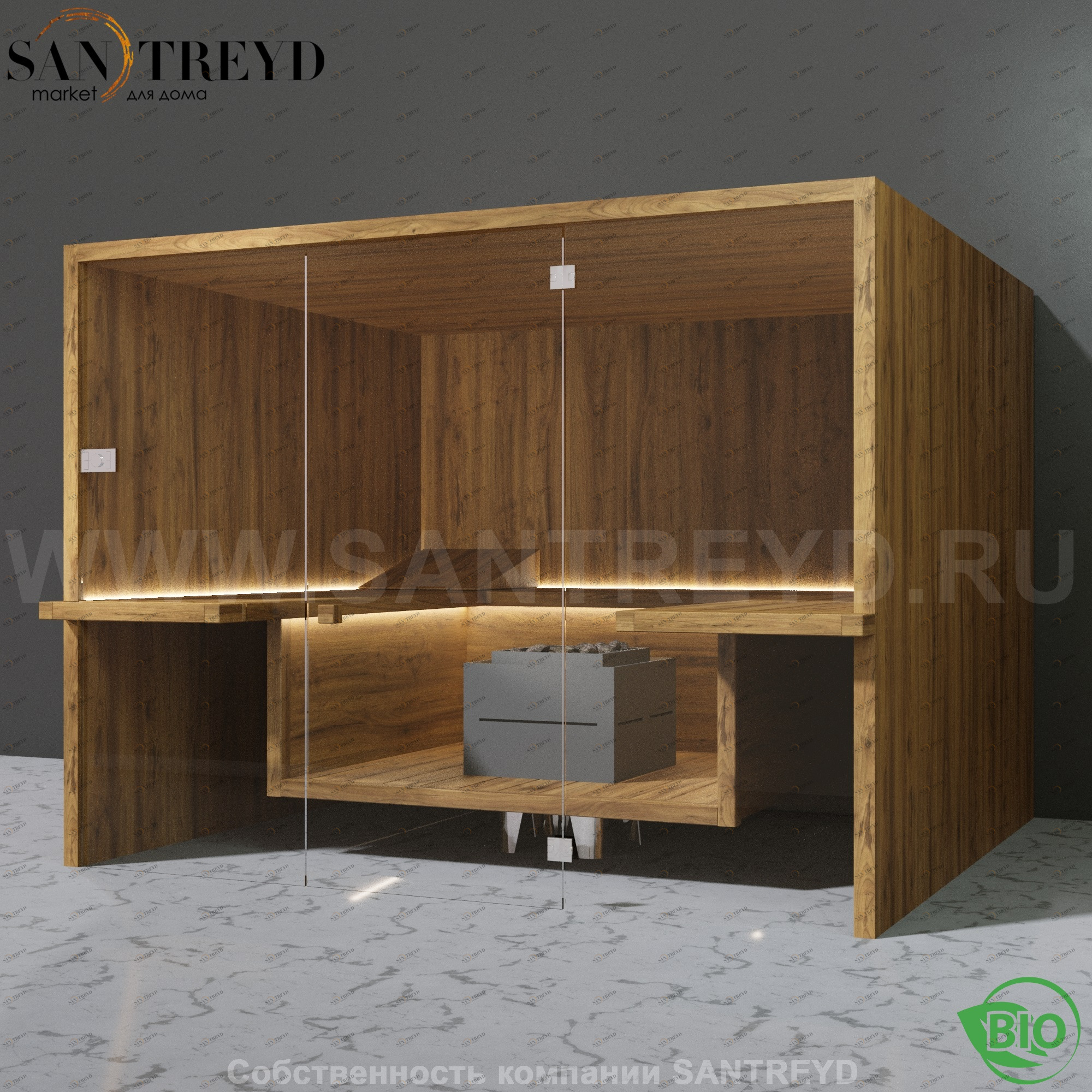 Effegibi AIR BI90120002 Био-сауна. Установка: к стене. Мощность: 12 кВт макс. Размеры: длина 283 см, ширина 252 см. Отделка: осина термообработанная.