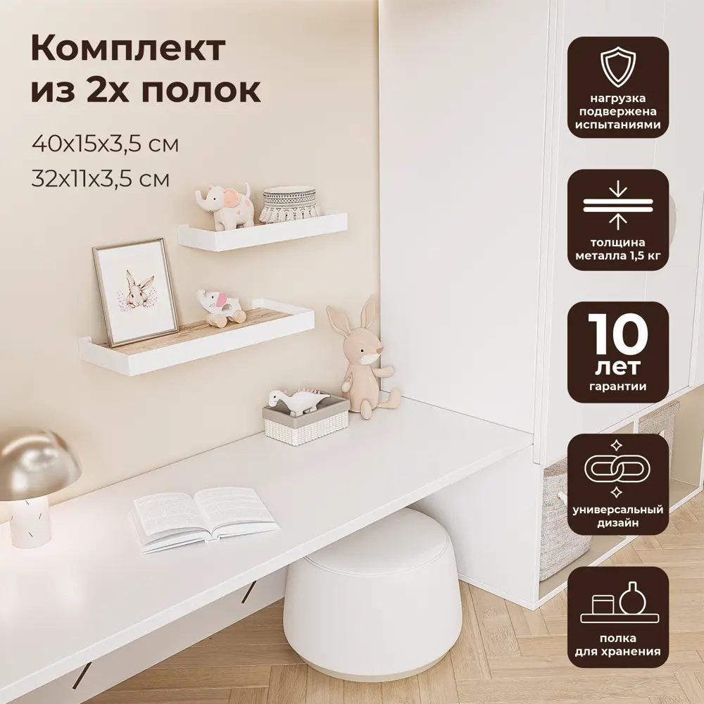 Комплект настенных полок 32x11x3.5/40x15x3.5 см со скрытым креплением металл цвет белый 2 шт. 89390785 STLM-2057878 Santreyd  - Вид №3
