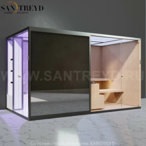 Effegibi BODYLOVE SH BL45110009 Боковая комбинированная баня: хаммам и сауна. Установка: к стене. Мощность: 15 кВт макс. Размеры: длина 393 см, ширина 176 см. Отделка: канадский хемлок, светлый керамогранит и зеркало.