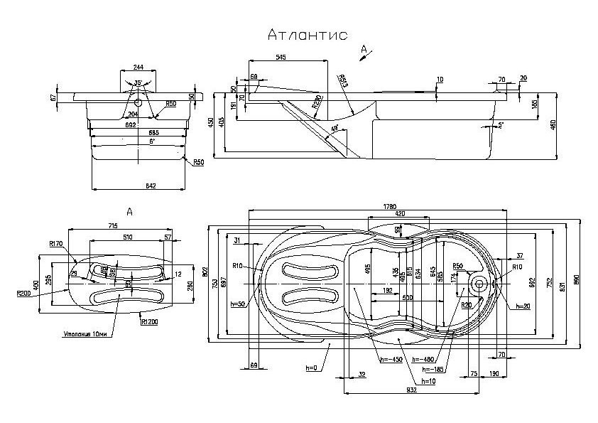 ФР-00002317 Ванна акриловая акватика атлантис 180 х 90 х 63 см Акватика Атлантис Santreyd - Вид №2