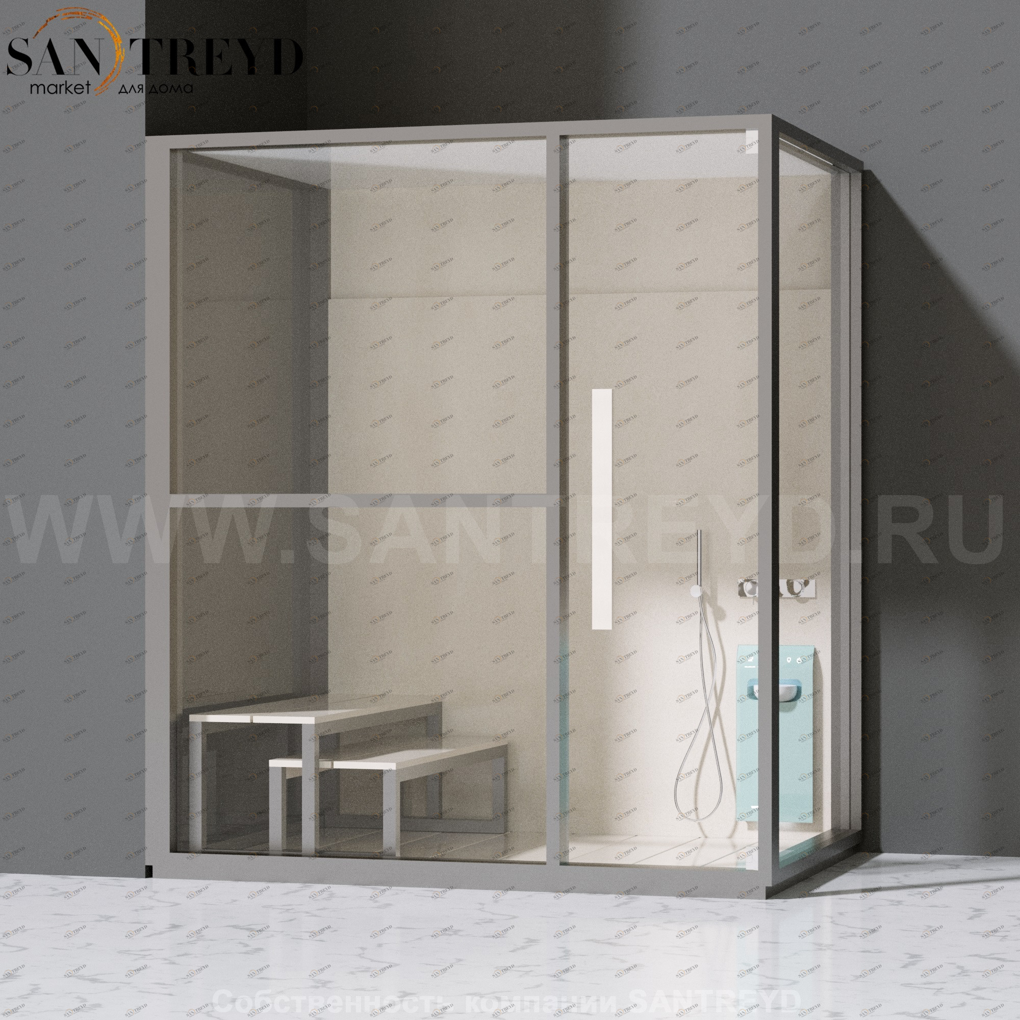 Effegibi H LARGE LO80010004 Комбинированная баня: хаммам и душ. Установка: в левый угол. Левая дверь. Мощность: 4,5 кВт макс. Размеры: длина 173 см, ширина 102 см. Отделка: матовый лакированный серый аллюминий и бежевый ламинат из керамогранита.