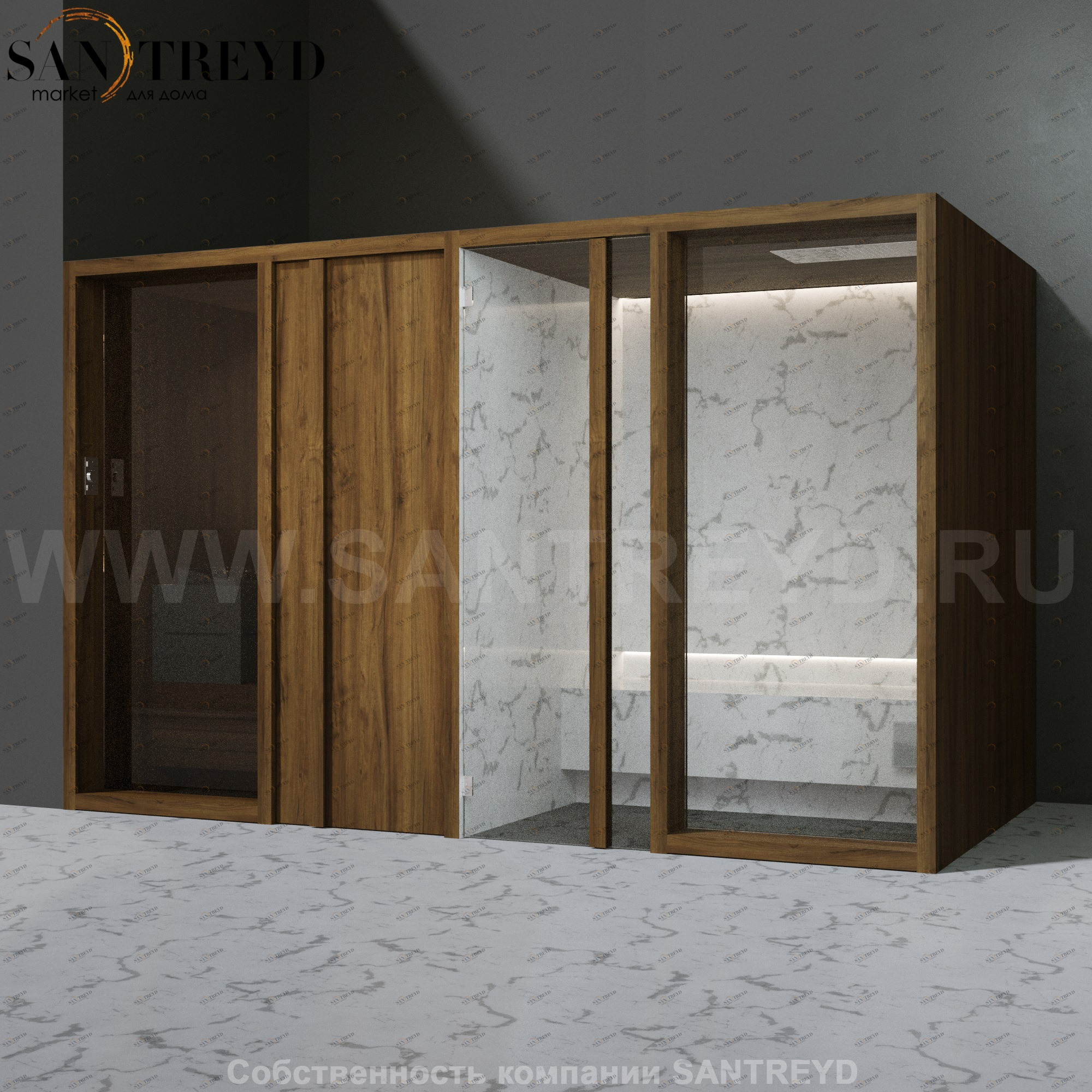 Effegibi YOKU.D SH YO.20310003 Комбинированная баня: хаммам и сауна. Установка: в левый угол. Мощность: 10,5 кВт макс. Размеры: длина 342 см, ширина 170 см. Отделка: чёрный орех и светлый керамогранит YO20310003