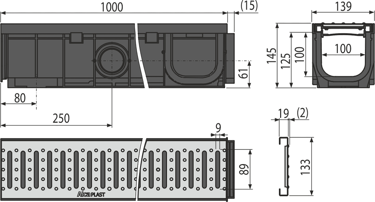 Дренажный канал 100 мм с пластиковой рамой и оцинкованной решеткой „C“ профиль A15 ALCAPLAST AVZ102R102 - Вид №3