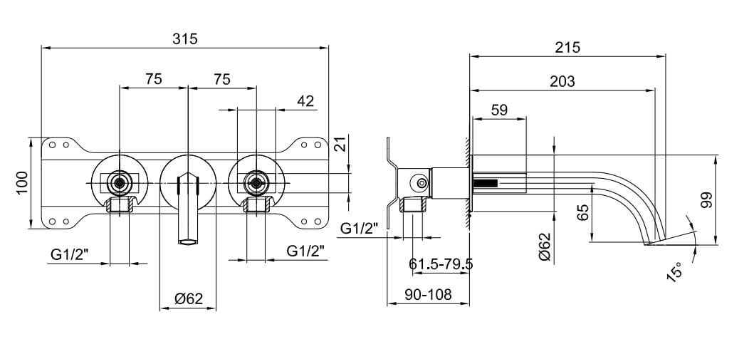 Настенный смеситель для раковины с 3 отверстиями Fantini Rubinetti Венеция ARCH-00105949 - Вид №1