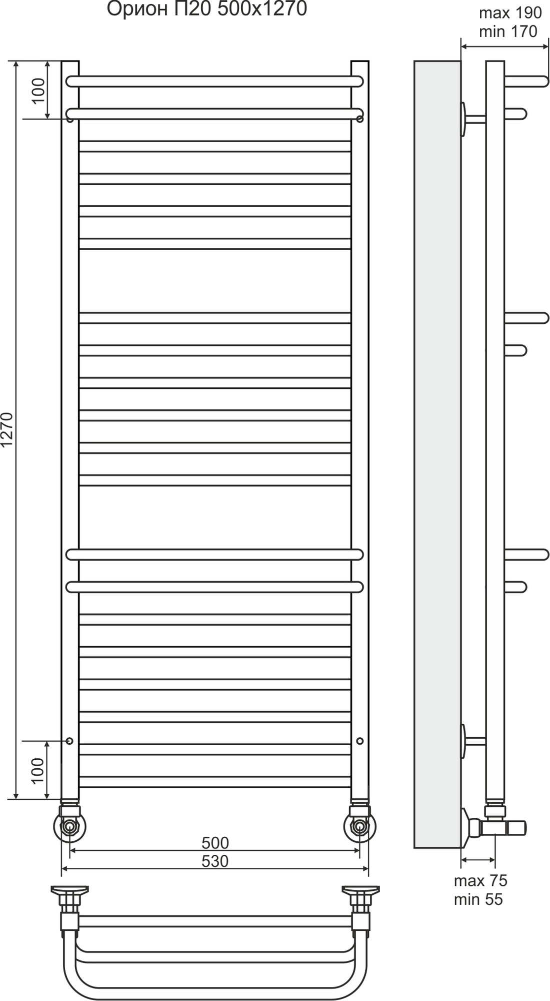 4620768888595 СТАНДАРТ Орион П20 500х1270 (8+6+6) Полотенцесушитель TERMINUS Нержавеющая сталь - Вид №2