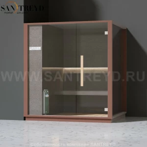 Effegibi ONE H LO60030006 Хаммам. Установка: в левый угол. Левая дверь. Мощность: 4,5 кВт макс. Размеры: длина 214 см, ширина 171 см. Отделка: матовый лакированный коричневый аллюминий и темный ламинат из керамогранита.