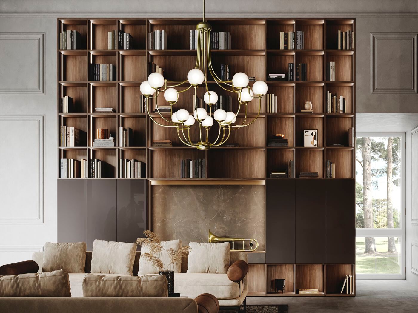 Книжный шкаф из дерева и стекла с освещением Guzzini & Fontana House of Trombones ARCH-00090208