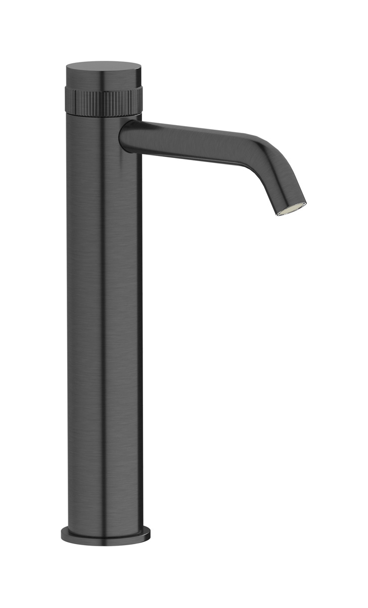 Высокий монорычажный прогрессивный смеситель на раковину в комплекте с донным клапаном. WE ARE IB rx202cs Brushed Black Chrome Reflex