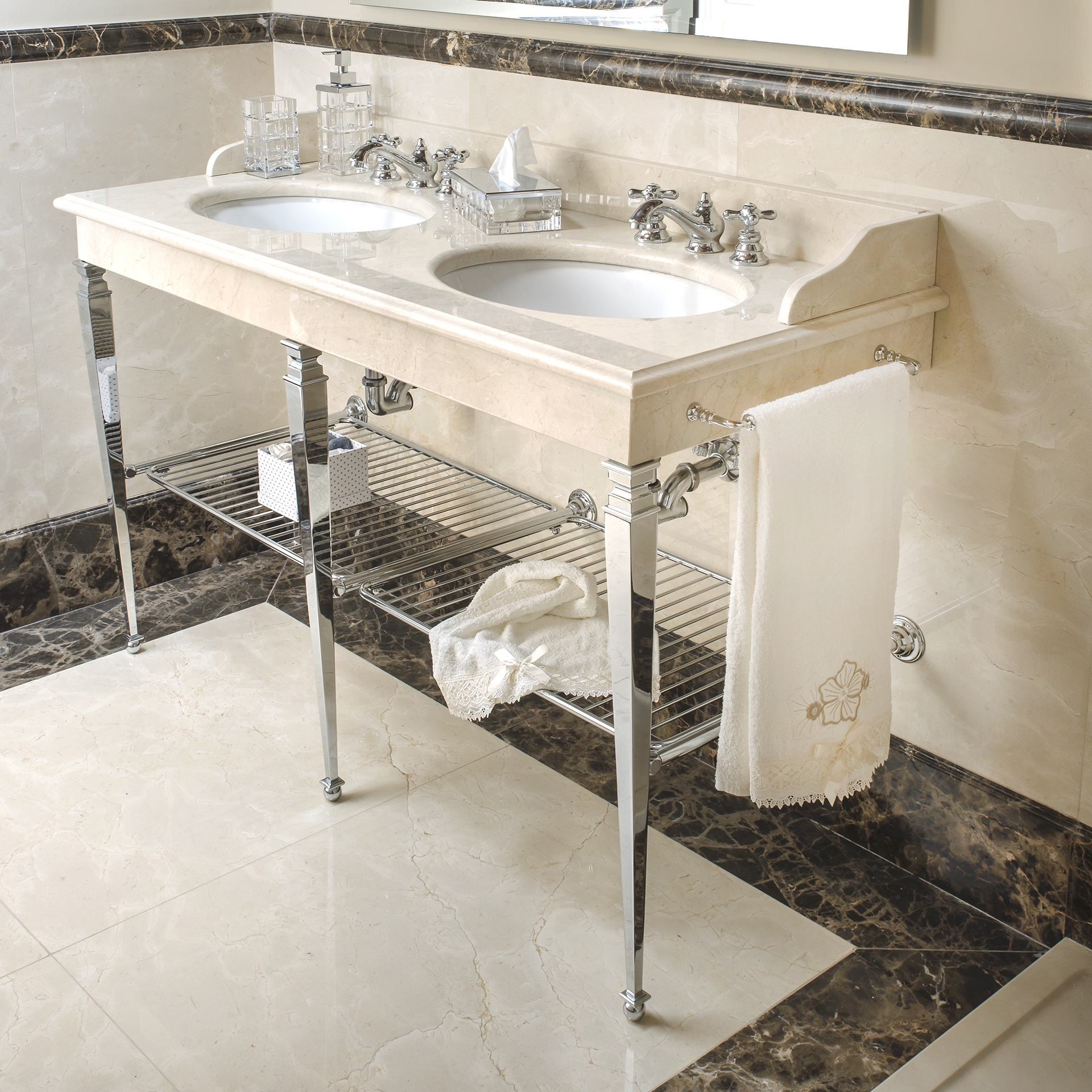 RE-BOTTICINO-2 3SC Столешница из мрамора Botticino с 2 раковинами Classico Treesseci 3SC