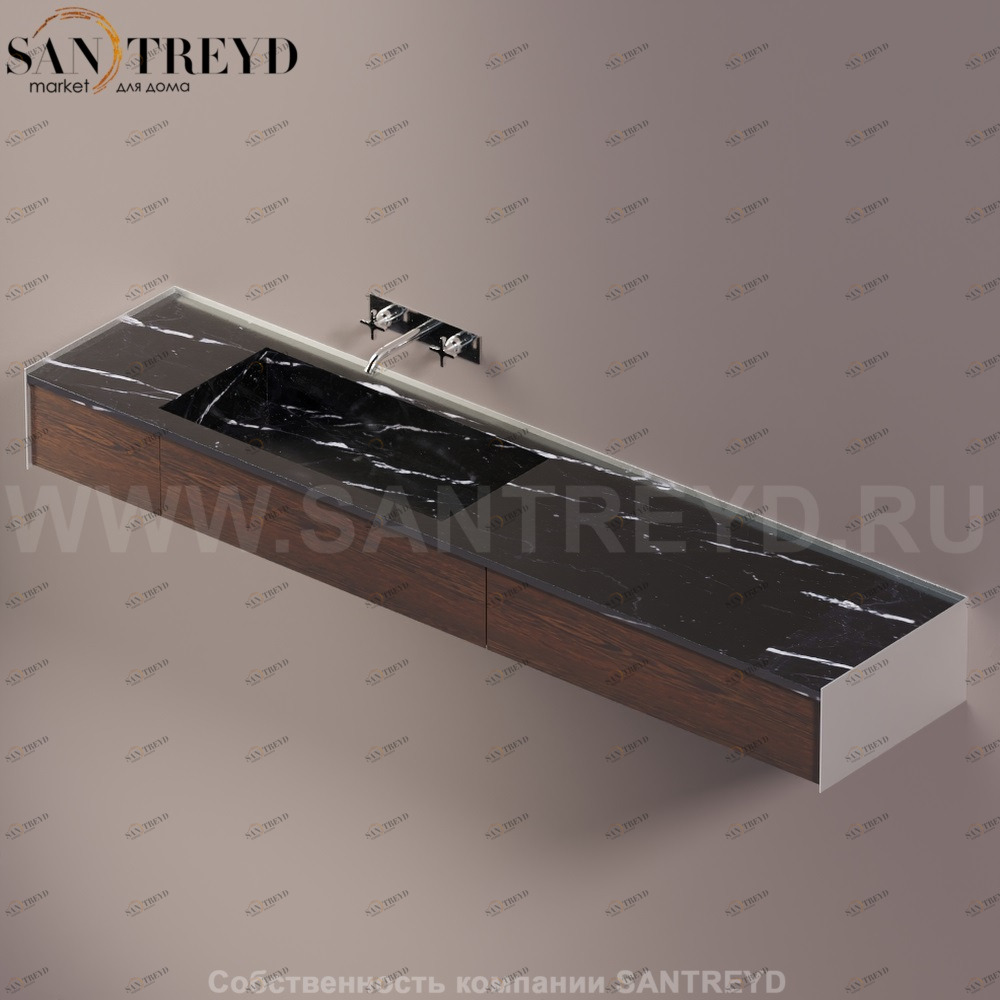 Agape DR Раковина столешница 220 см, с 3-мя выдвижными ящиками. Отделка: хромированный сатин, черный мрамор и коричневый дуб ADRP22CSSPNMRU