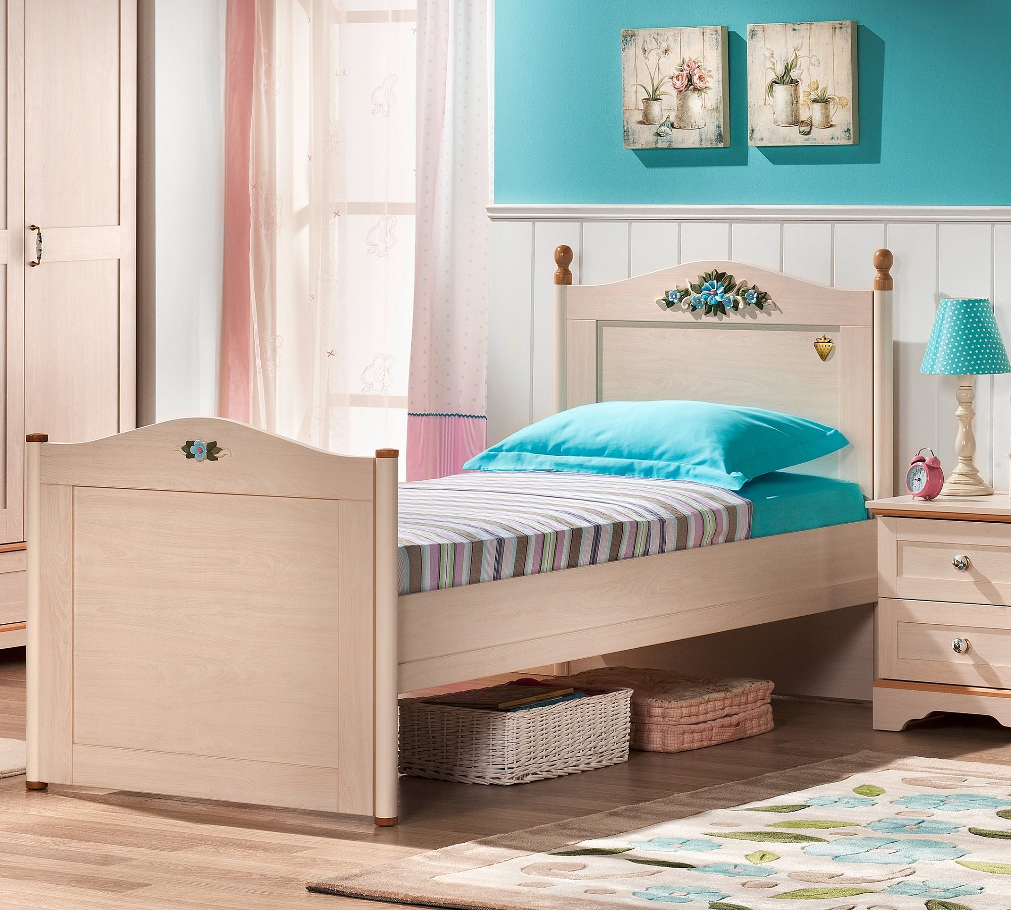 Кровать деревянная односпальная 100х200 см беленый дуб Flora CILEK FLORA 00-3832287 Бежевый Santreyd - Вид №3