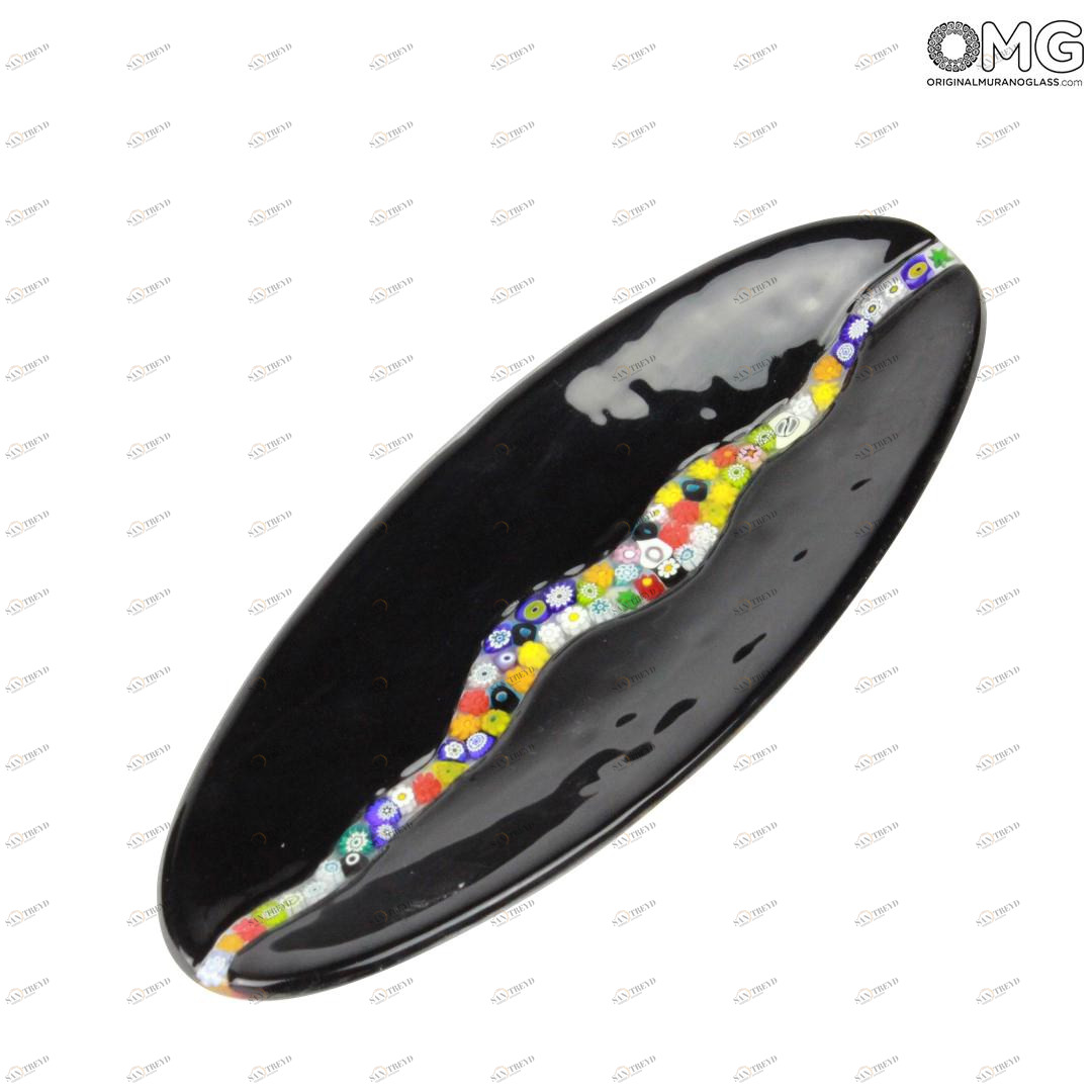 1638 ORIGINALMURANOGLASS Овальное блюдце Миллефиори - чёрное - муранское стекло 28 см 