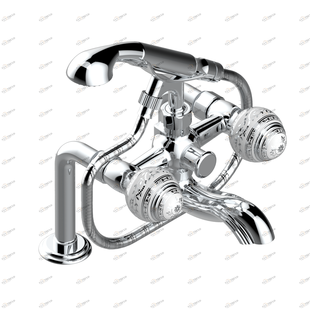 A7G-13G Смеситель для ванны/душа устанавливаемый на борту на два отверстия с душем и шлангом - 150 мм между центрами Thg-paris Marquise белый с платиновым декором Хромированный A7G 13G  A02 CAT.A