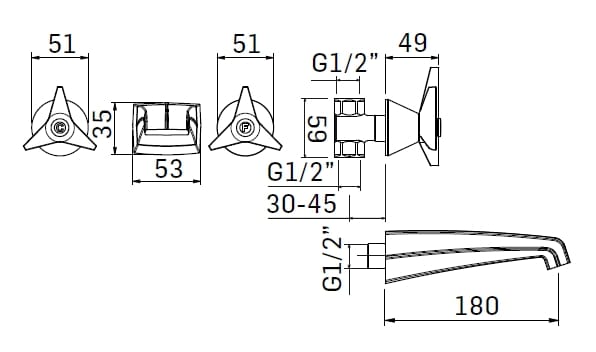 Настенный смеситель для раковины с 3 отверстиями Mamoli Gio Ponti ARCH-00095133 - Вид №4
