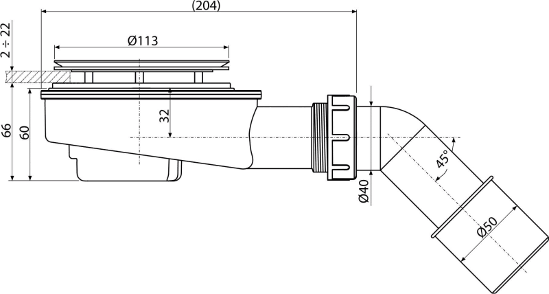 Сниженный сифон для толстостенного душевого поддона ALCAPLAST A492 - Вид №1