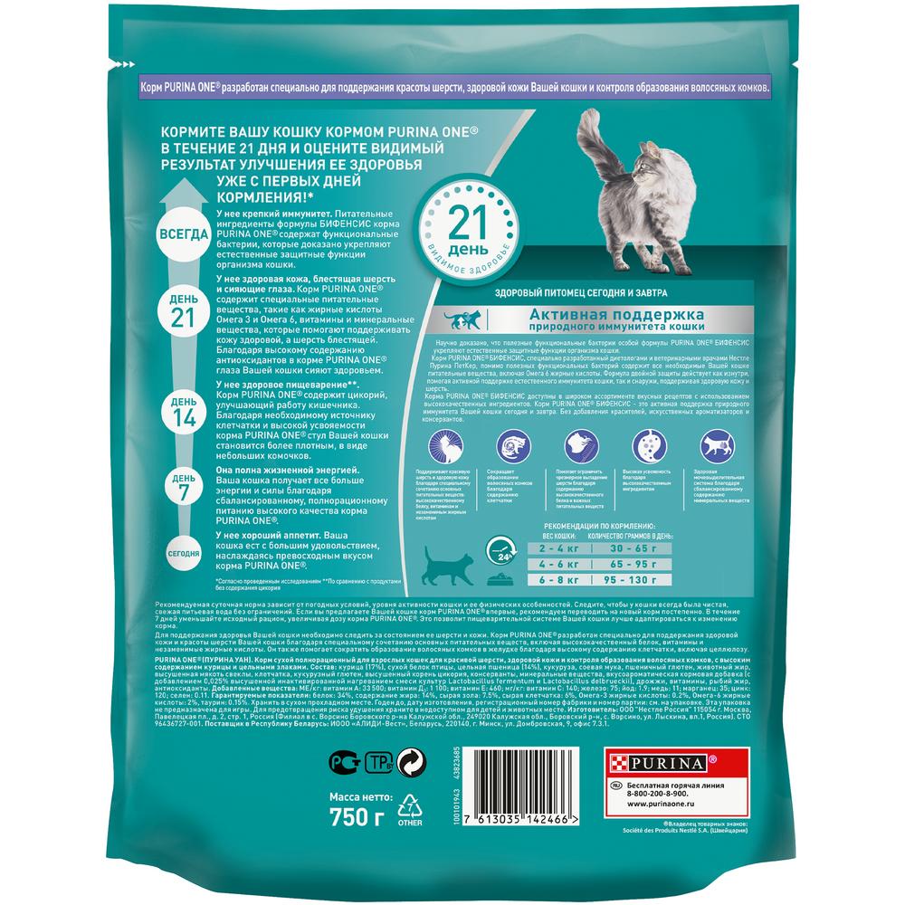 ПР0059661 Корм для кошек для красивой шерсти, курица, злаки сух. 750г ONE  - Вид №1