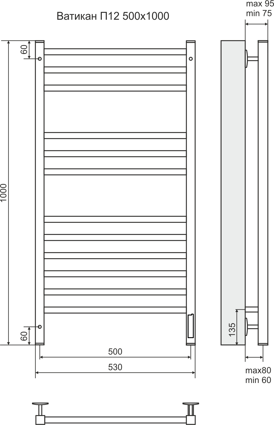 4660059580234 ЭЛЕКТРИКА Ватикан П12 500х1000 (6+3+3) электро (new встроен.диммер) Полотенцесушитель TERMINUS RAL 9005 матовый  - Вид №2