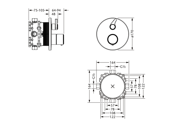 Термостат для душа скрытого монтажа ½" с запорным и переключающим вентилем JOERGER Cronos 637.40.380.000 - Вид №1