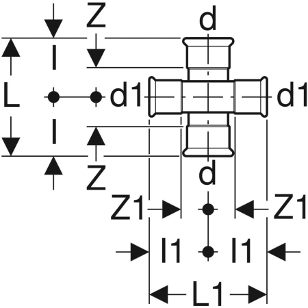 GEBERIT 21505 Крестовина двухплоскостная Geberit Mapress из углеродистой стали, редукционная, с уступом  - Вид №2
