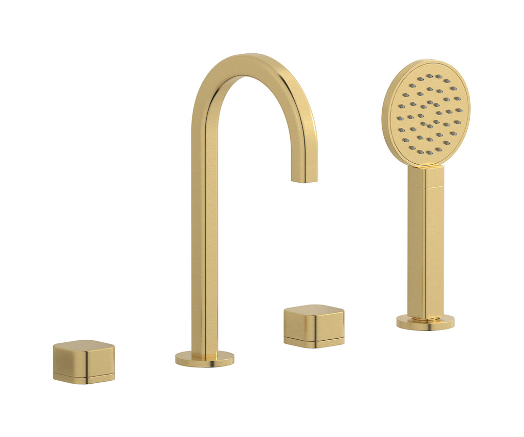 Смеситель на бортик ванной на 4 отверстий с дивертером и душевым гарнитуром. WE ARE IB eo396os_1 Brushed Gold Elio