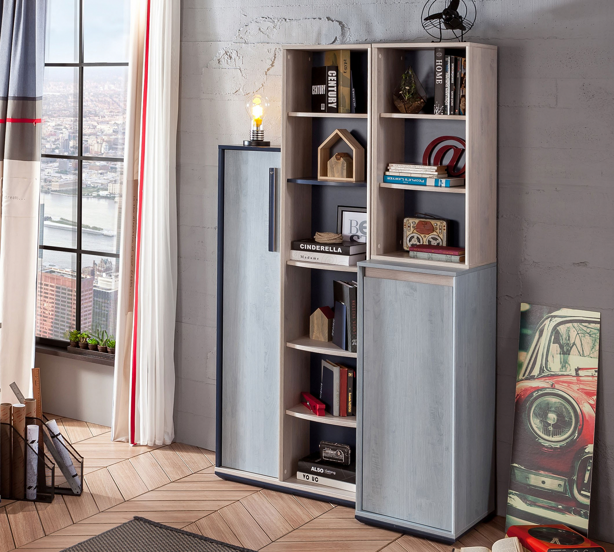 Стеллаж для книг двойной с дверцей Trio CILEK TRIO 00-3832201 Синий;бежевый Santreyd - Вид №4