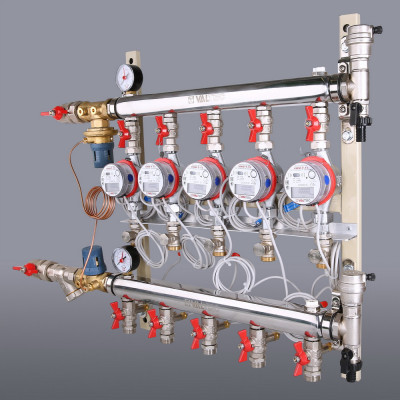 VT.GPA.06S04.L2 Узел этажный для поквартирного учета тепловой энергии с автоматическим регулятором перепада давлений Valtec 1", 2 вых., ввод слева  - Вид №1